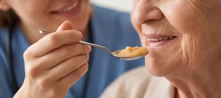 Eine Pflegekraft unterstützt eine ältere Frau beim Essen.