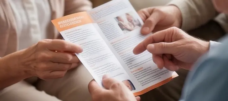 Eine Pflegeberaterin bespricht Informationsmaterial mit einer Kundin.