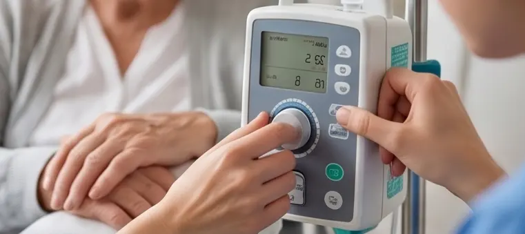 Eine Pflegekraft bedient ein medizinisches Gerät neben einer Patientin.