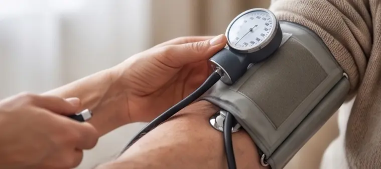 Eine Pflegekraft misst den Blutdruck einer Patientin.